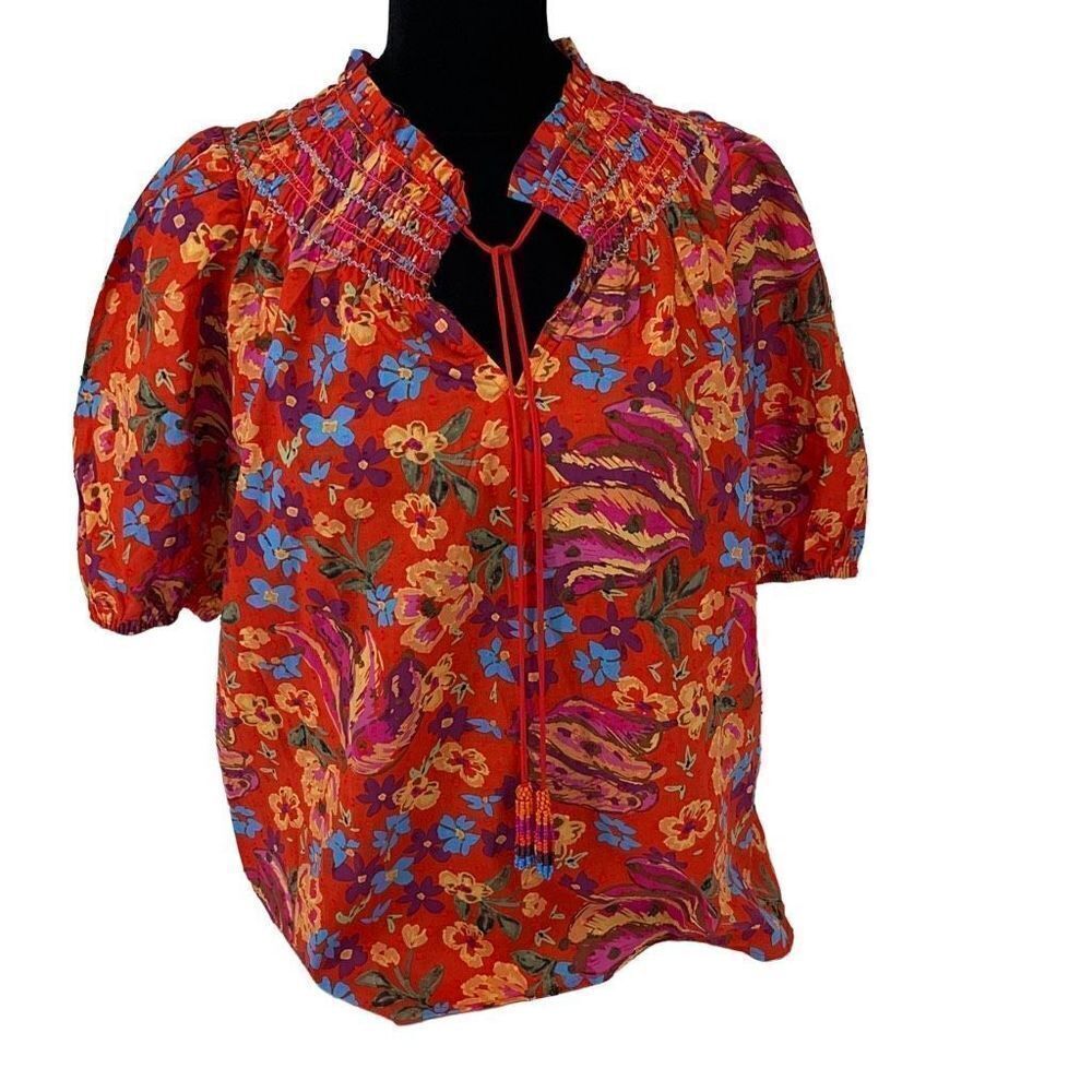 RACHEL Rachel Roy Pull Over Blouse Red Orange Print Size Medium